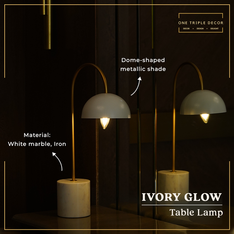 A white marble table lamp placed next to a mirror with product features highlighted.