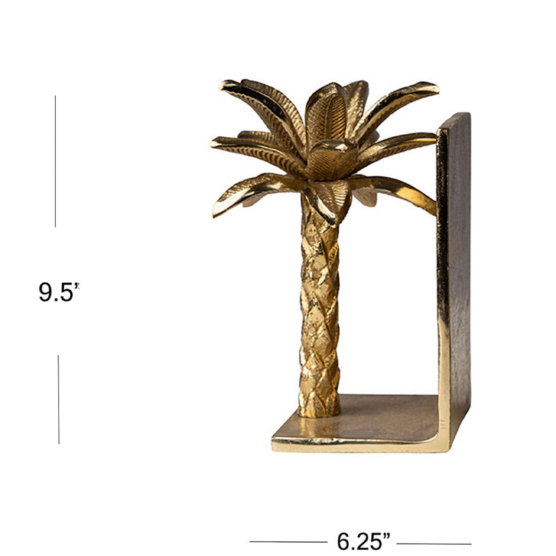 Golden metallic palm tree shaped bookends in a plain background with dimensions.