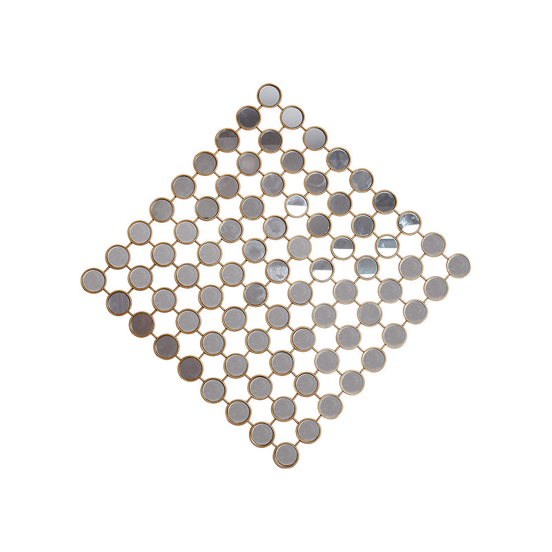 Front angle view of a modern metallic wall art made of 81 small mirrors in plain background.