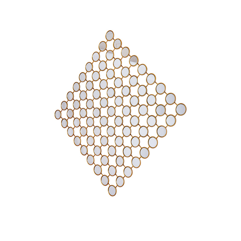 Side angle of a modern metallic wall art made of 81 small mirrors in plain background.