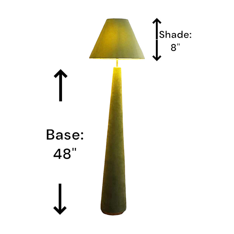Green colored velvet floor lamp with dimensions mentioned on the image.