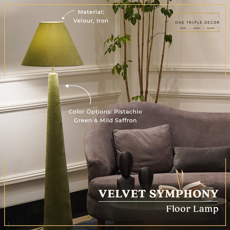 Green colored velvet floor lamp is lit-up and placed in a living room set-up and product features highlighted with the help of graphic elements.