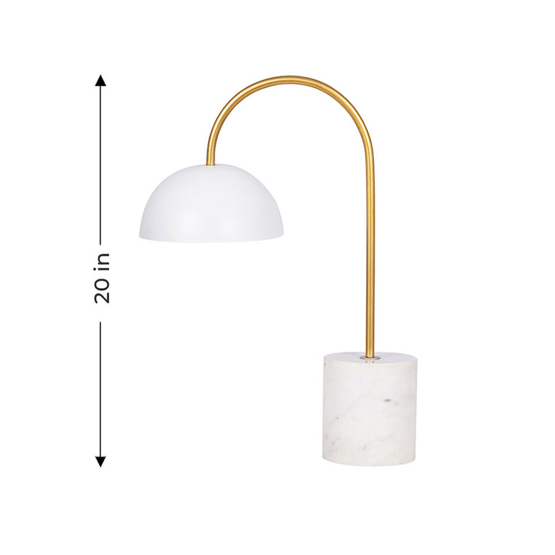 Cylindrical base white marble table lamp with golden curved stem and a white metallic shade on a plain background with dimensions.