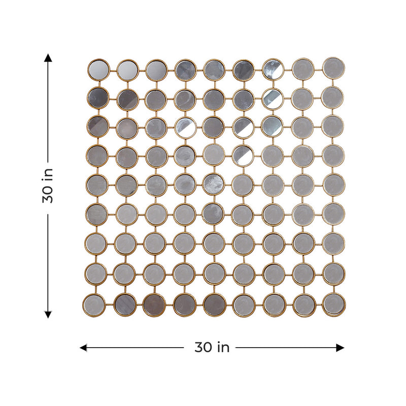 Metallic wall art with 81 small mirrors in a plain background with dimensions.