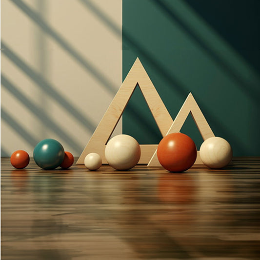 Image depicting various spherical balls and triangles