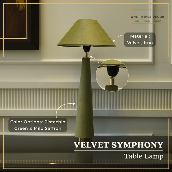 Front view of a green velvet lamp placed on a console table and product features highlighted.