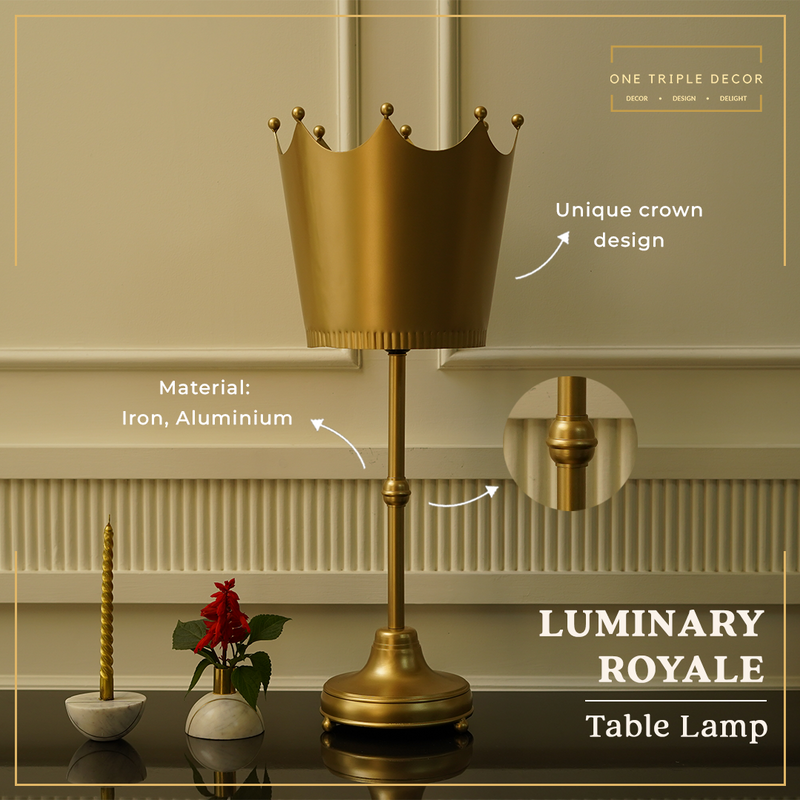 Imperial design golden metallic table lamp with a crown shaped shade with product details highlighted.