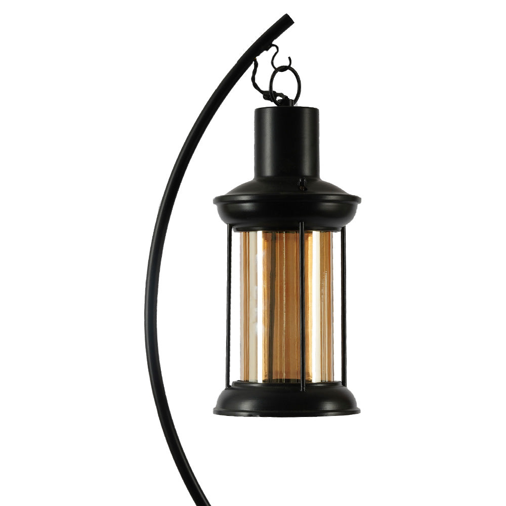 zoomed in lantern of a black metallic floor lamp