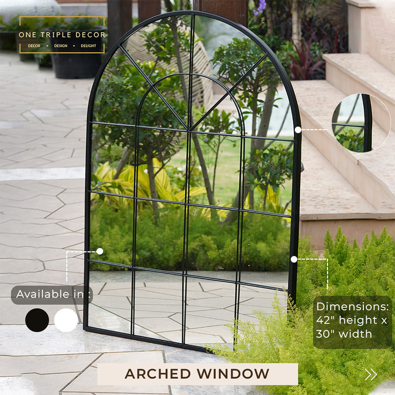 a large window-shaped black metallic mirror with product features highlighted.