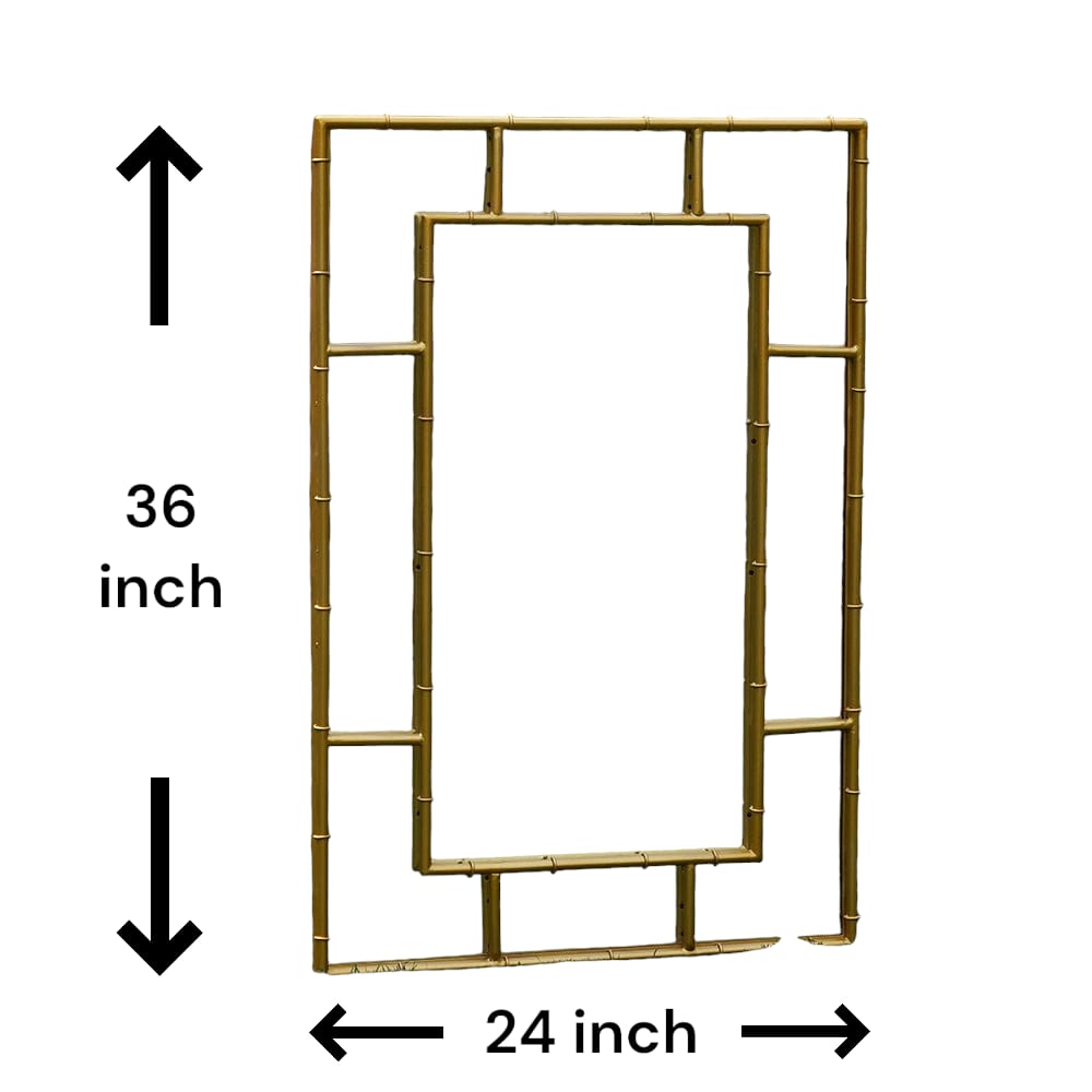 Golden metal frame of a large mirror on a plain white background with dimensions shown.