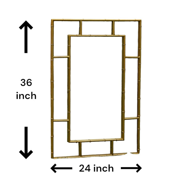 Golden metal frame of a large mirror on a plain white background with dimensions shown.