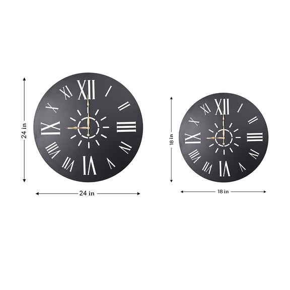 A large black wall clock with roman numerals in a plain background with dimensions.