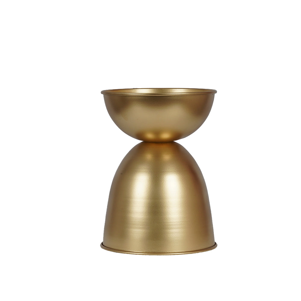 White background image of a golden colored metallic planter vase.