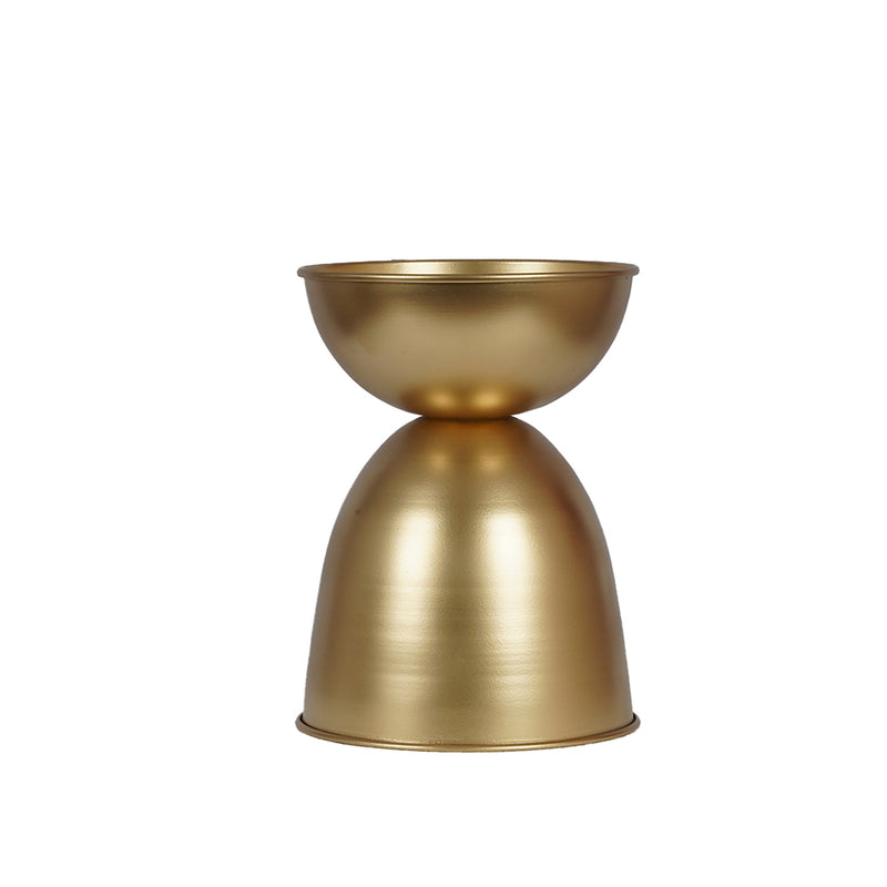 White background image of a golden colored metallic planter vase.