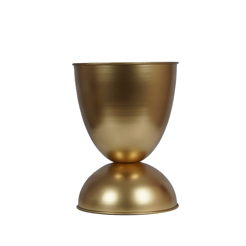 White background image of a golden planter vase.