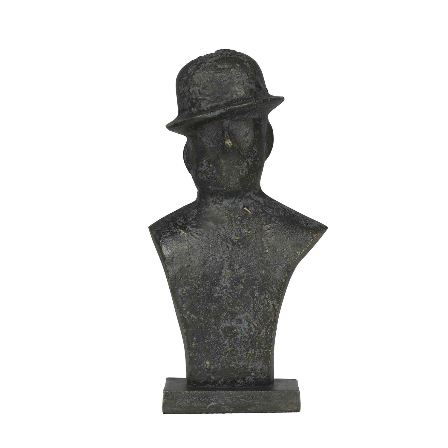 Front view of a black metallic table-top sculpture of a man wearing a tilted hat in a plain white background.