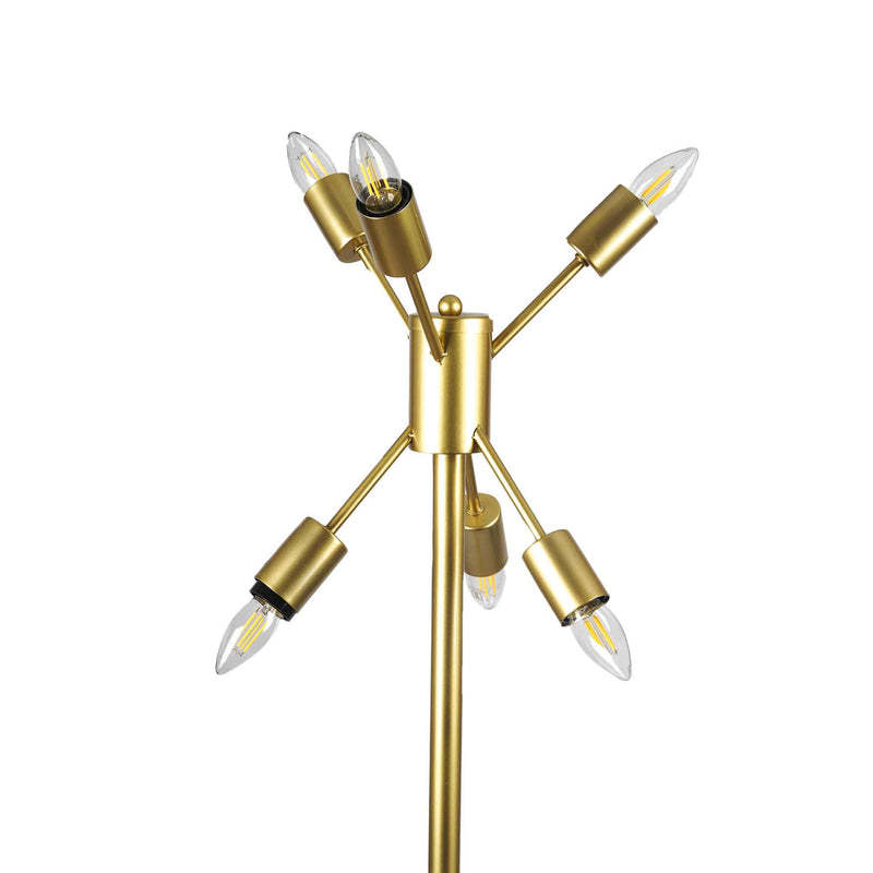 Close-up image of 6 bulbs of a golden colored modern floor lamp in a plain background.