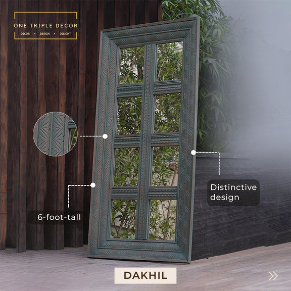 Full length floor mirror in antique door design side view with product details highlighted.