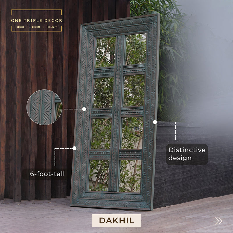 Full length floor mirror in antique door design side view with product details highlighted.