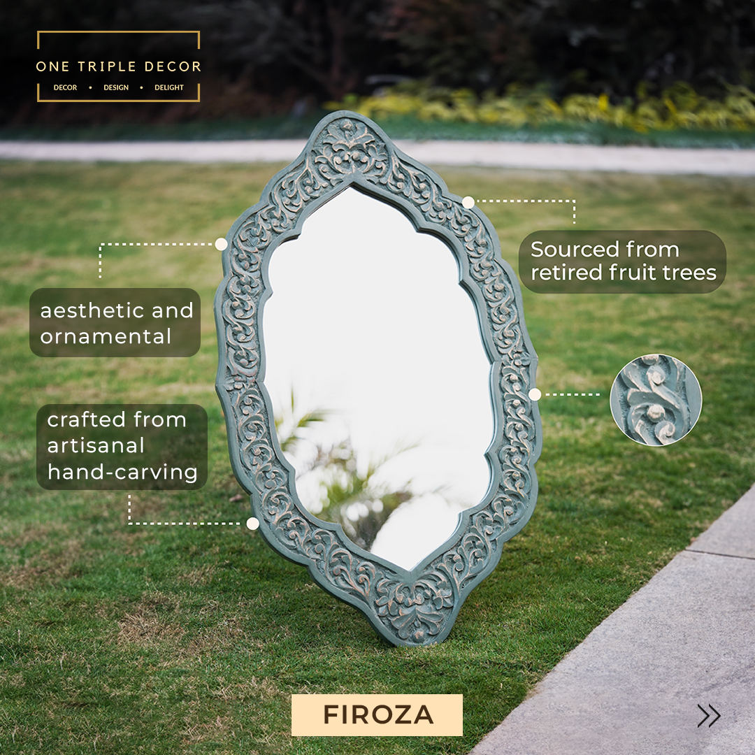 A traditional hand-carved mango wood long mirror placed in a garden setting and details of the product features shown on the image