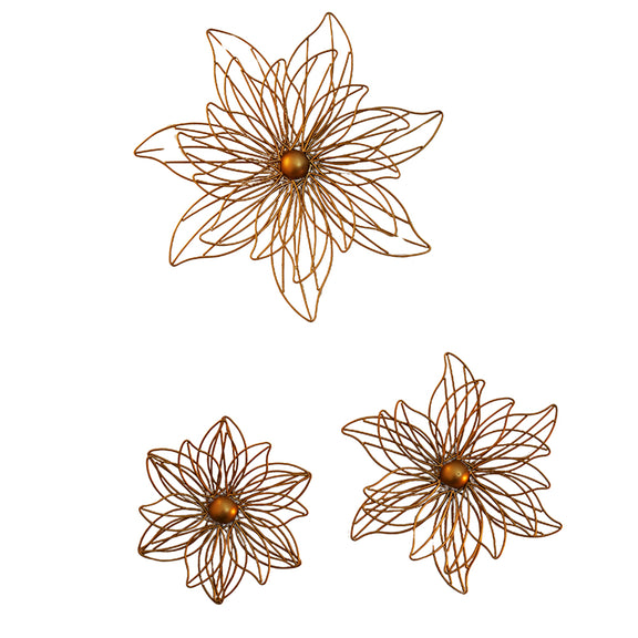 Set of 3 golden metal flowers for wall art on a plain white background.