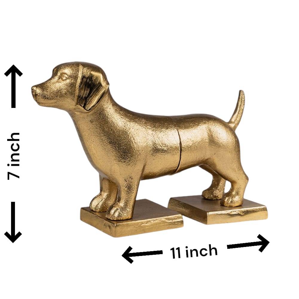 Bookend in design of a dog split in two parts at a side angle in a plain white background with dimensions.