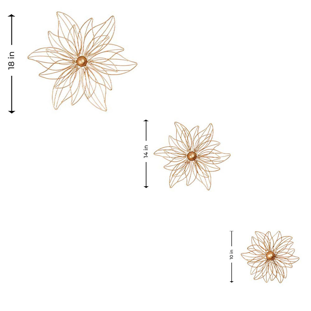 Set of 3 golden metal flowers for wall art on a plain background with dimensions.