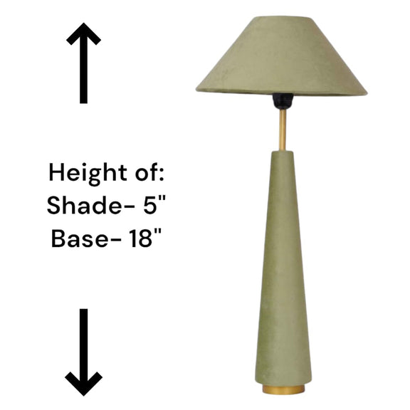 Front view of a green velvet lamp placed in a plain background with dimensions.