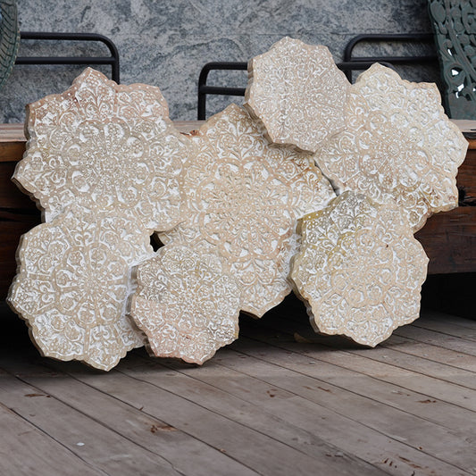 Traditional hand-carved mango wood wall panel front view.