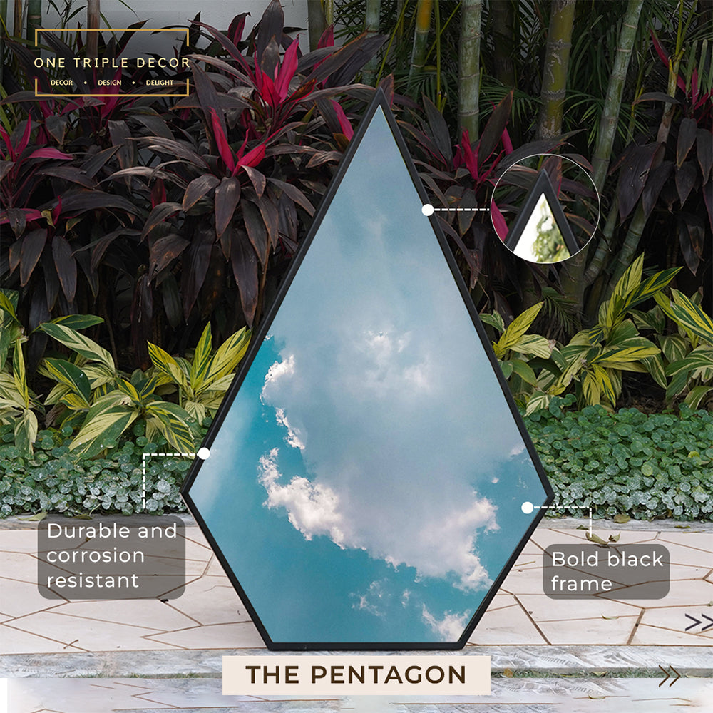 Pentagon shaped large floor mirror cutout with product details shown with the help of graphic elements on the image.