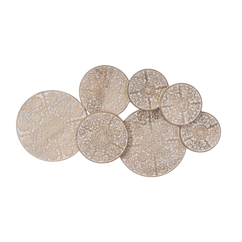 7  co-joined circular hand-carved mango wood panels in a plain white background.