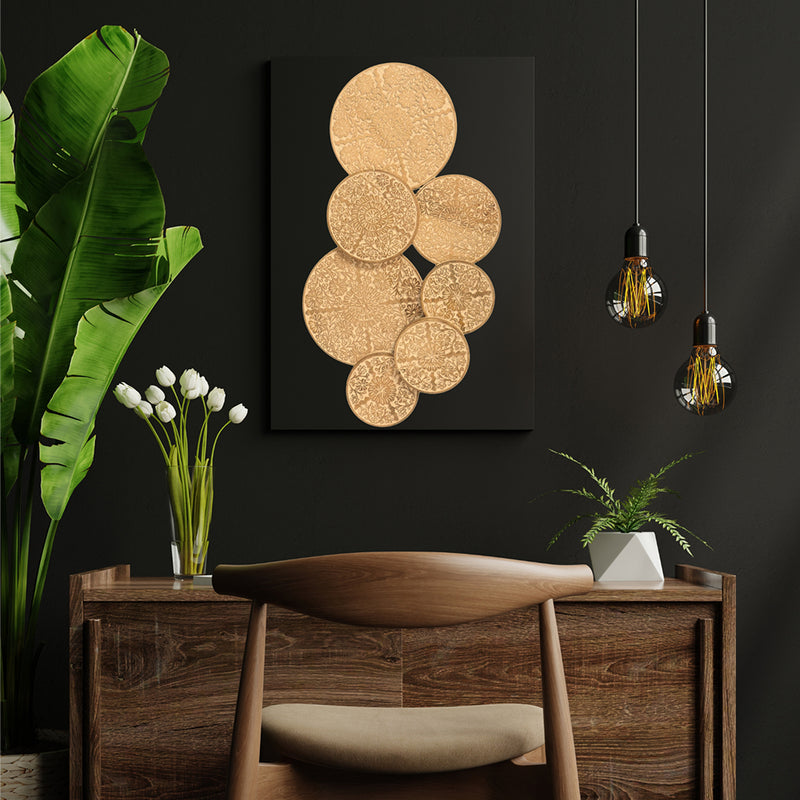 7  co-joined circular hand-carved mango wood panels displayed on a black wall of a modern living room.