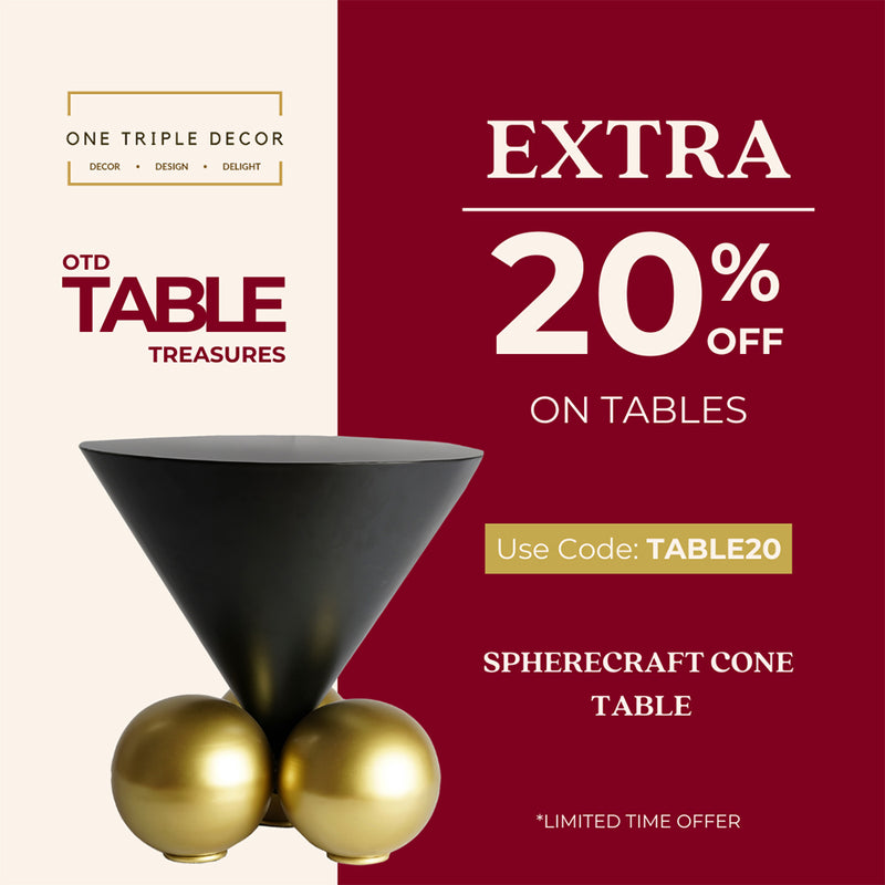 An image showing a 20% discount offer on a black conical metallic coffee table.