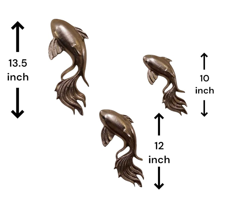 3 chromatic metallic fish wall art set with dimensions shown on a white background.