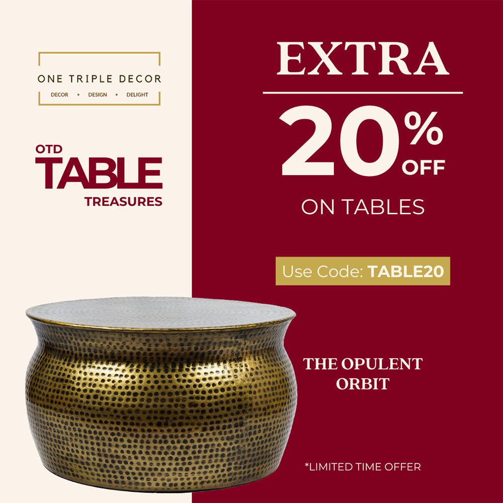 Image showing a golden metallic round coffee table and a discount offer mentioned.