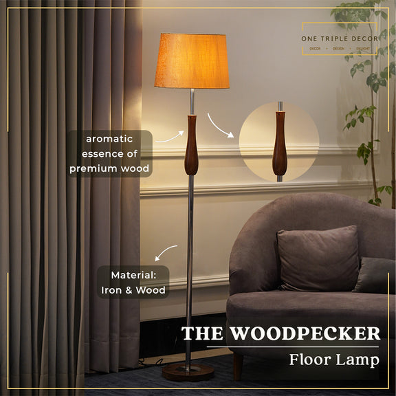 Tall floor lamp in metal and wood is lit-up with a yellow lampshade in a living room and product details are highlighted with the help of graphic elements.