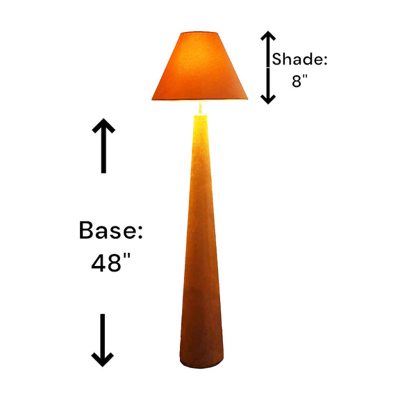 Orange colored velvet floor lamp with dimensions mentioned on the image.