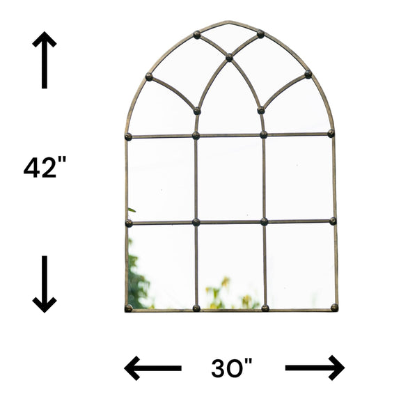 Image of a metallic mirror in a plain white background with dimensions of the mirror shown.