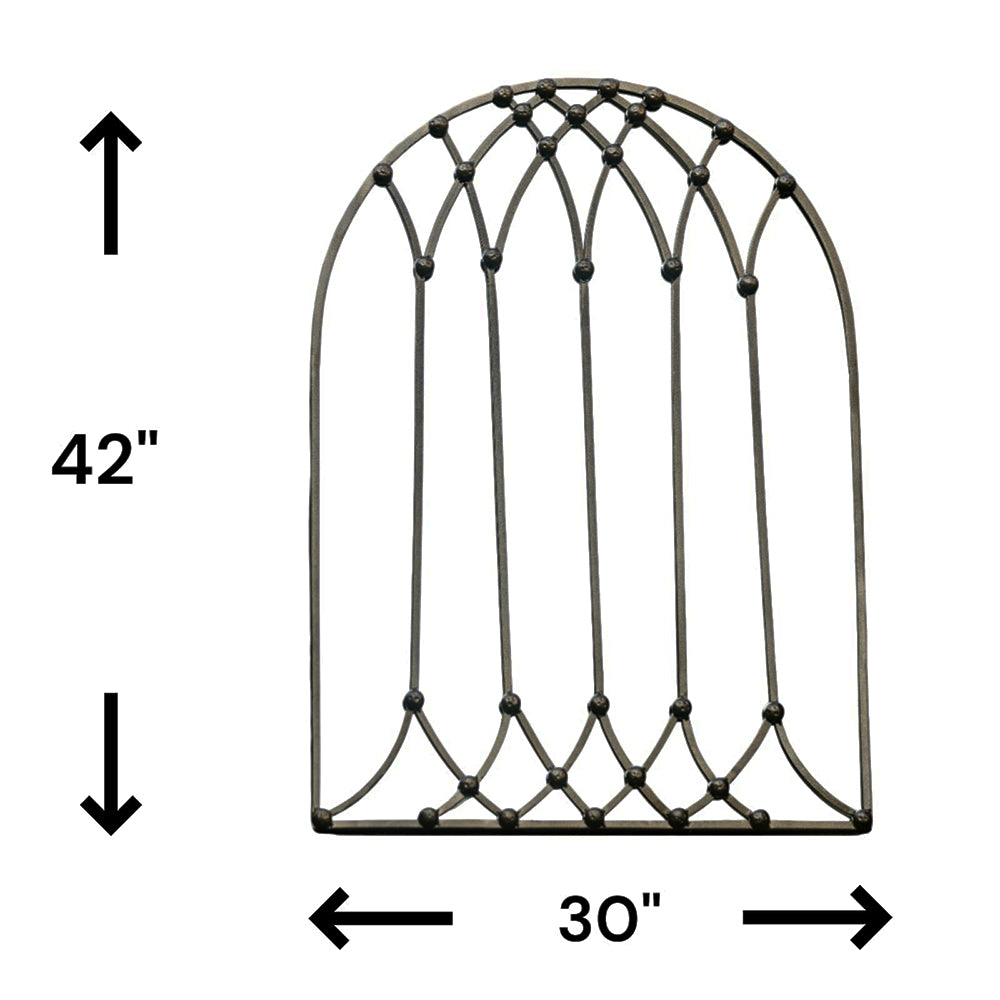 White background image of a large bronze metallic mirror shaped like a window with product dimensions shown.