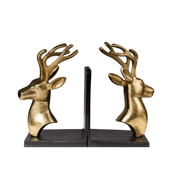 Image of a set of bookends in design of a deer head with big antlers in a plain white background.