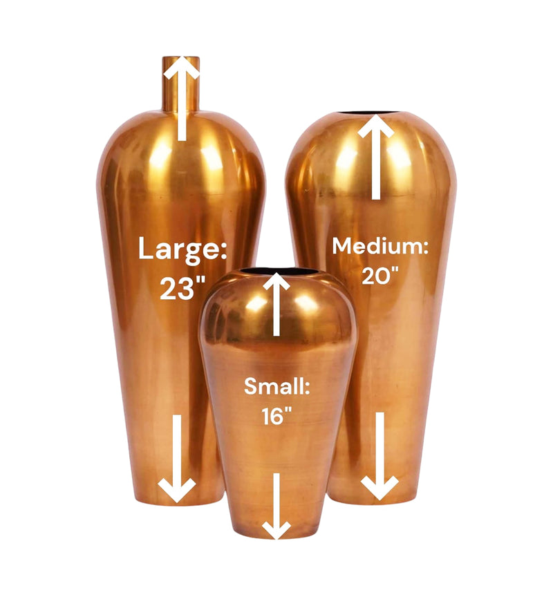 Three tall golden metallic vases in a black background with dimensions of the product mentioned.