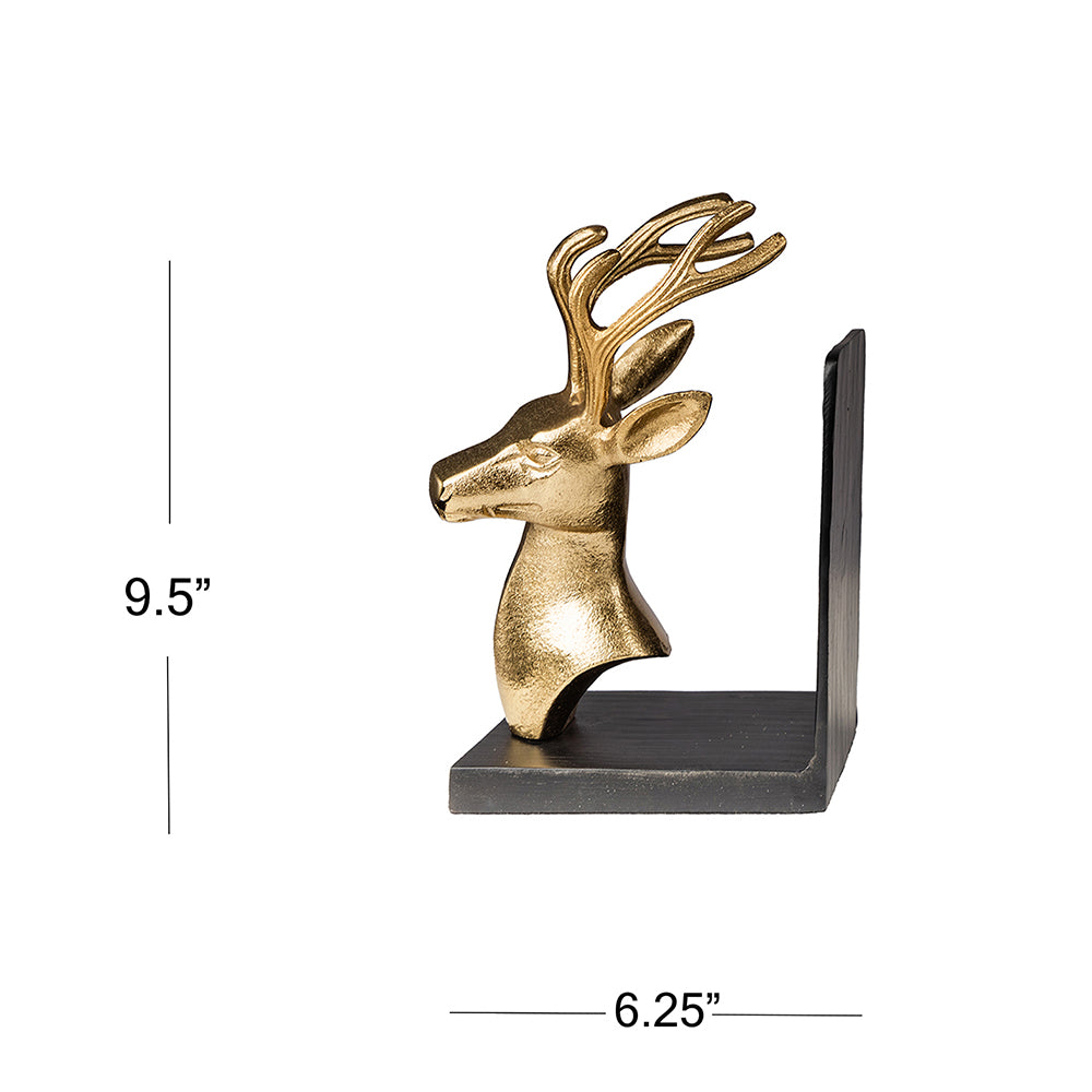 Bookends set in design of a deer head with big antlers in a plain white background with dimensions shown.