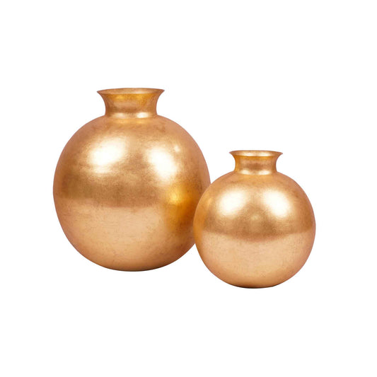 Two large metallic golden pot-shape vases.