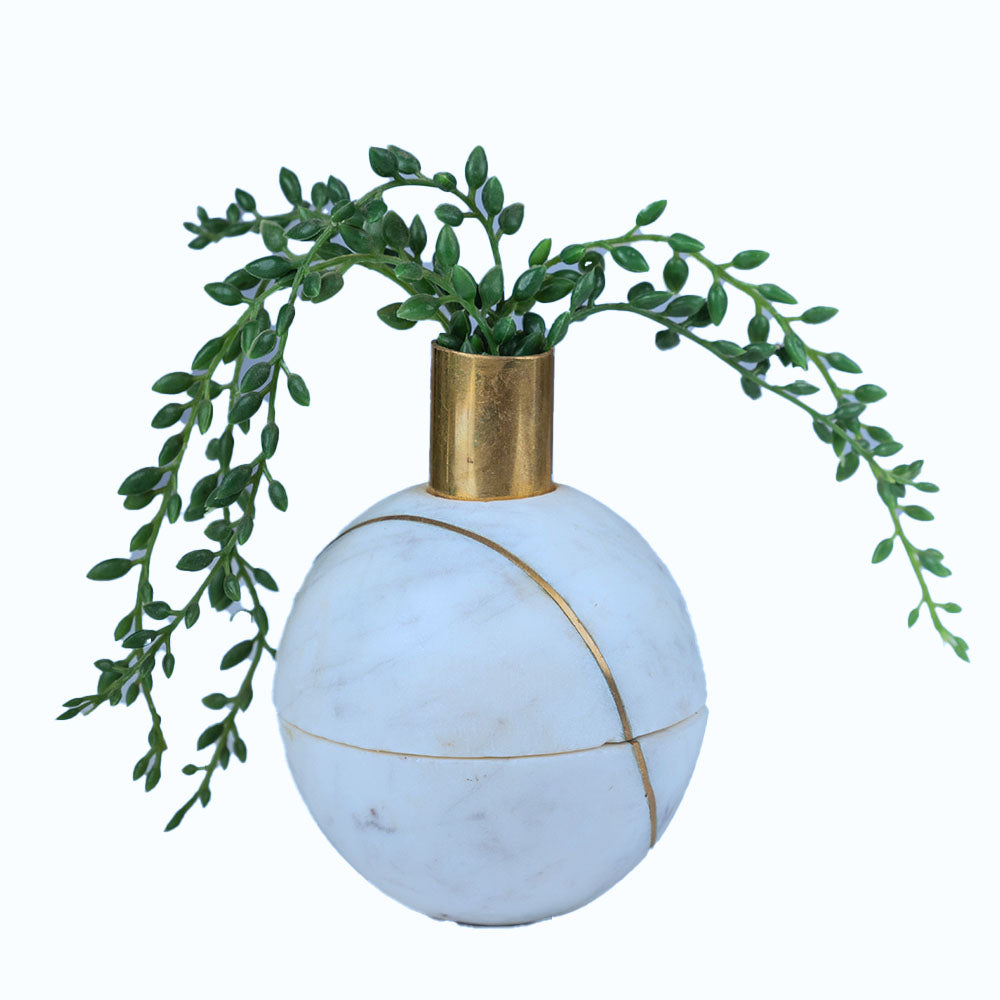 Decorative spherical marble with brass inlay holding a plant in a plain white background.