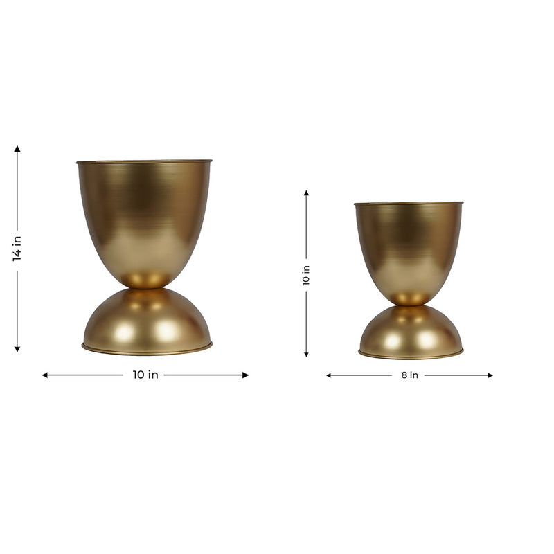 Set of 2 large planters in golden color with dimensions and in a plain background.