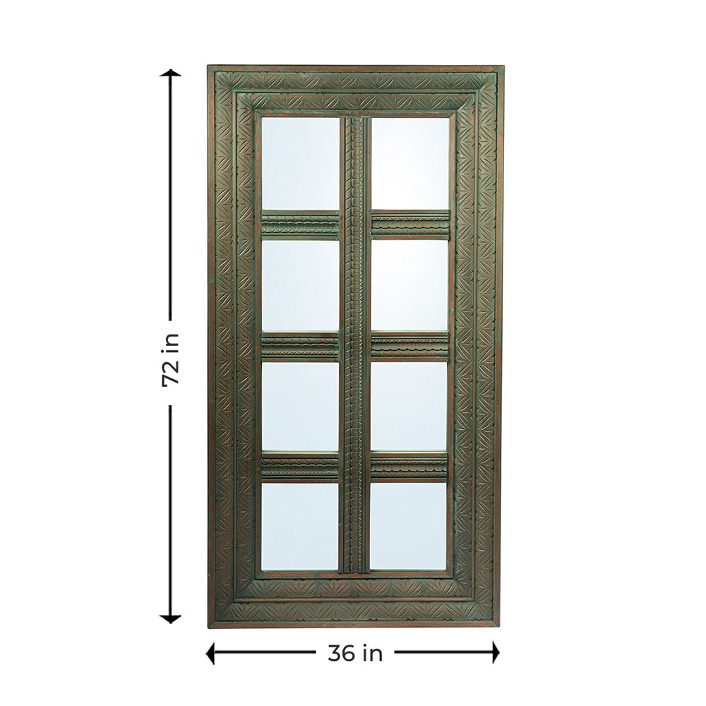 Full length floor mirror in antique door design front view in plain background with dimensions.