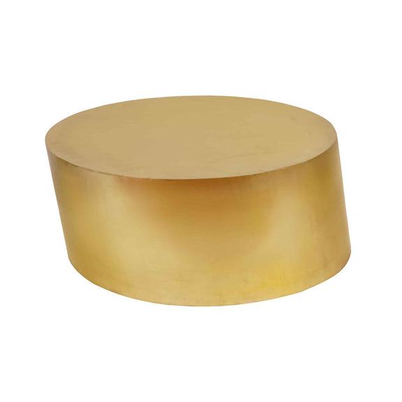 Elliptical shape golden metallic coffee table in a plain background.