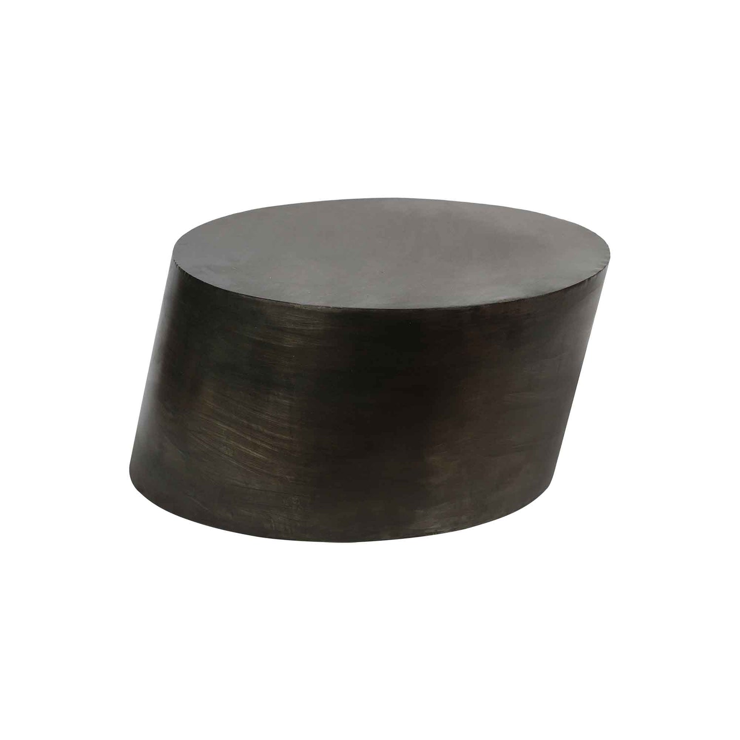 Elliptical shape cola black metallic coffee table in a plain background.