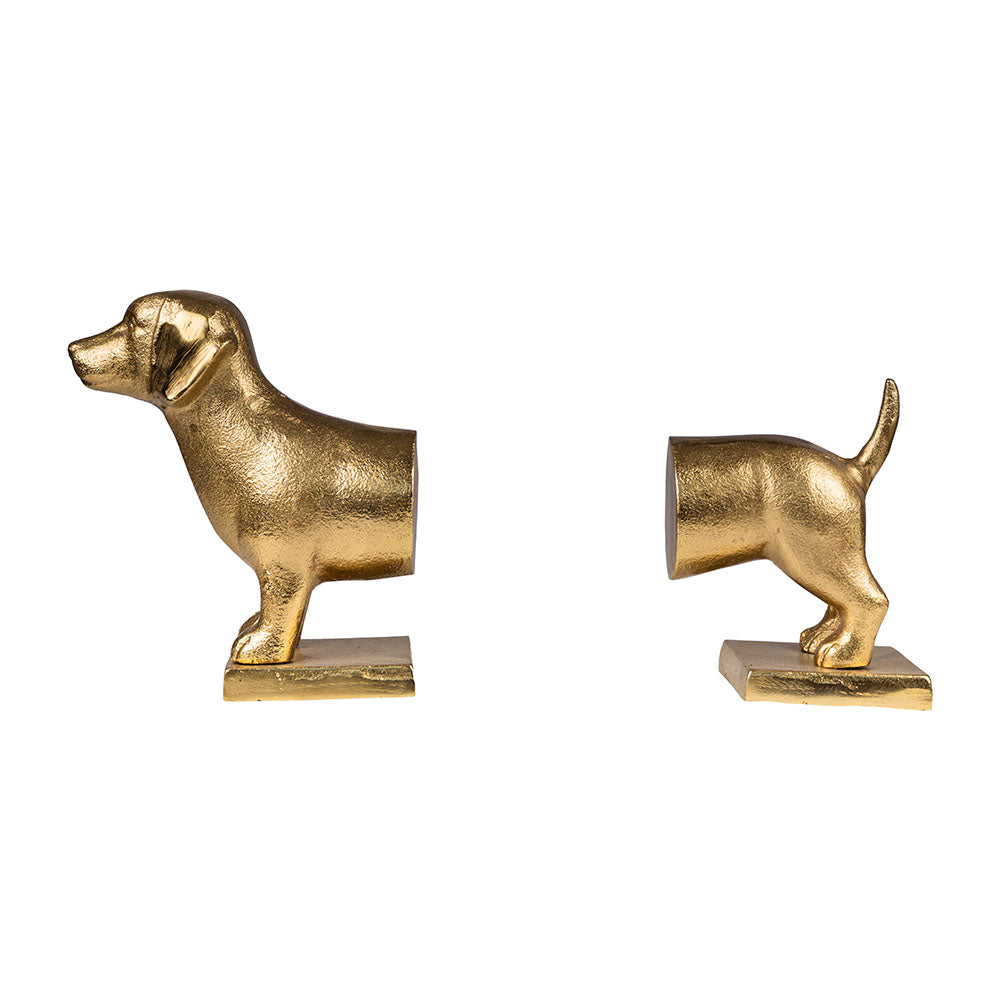 Bookend in design of a dog split in two parts in a plain white background.