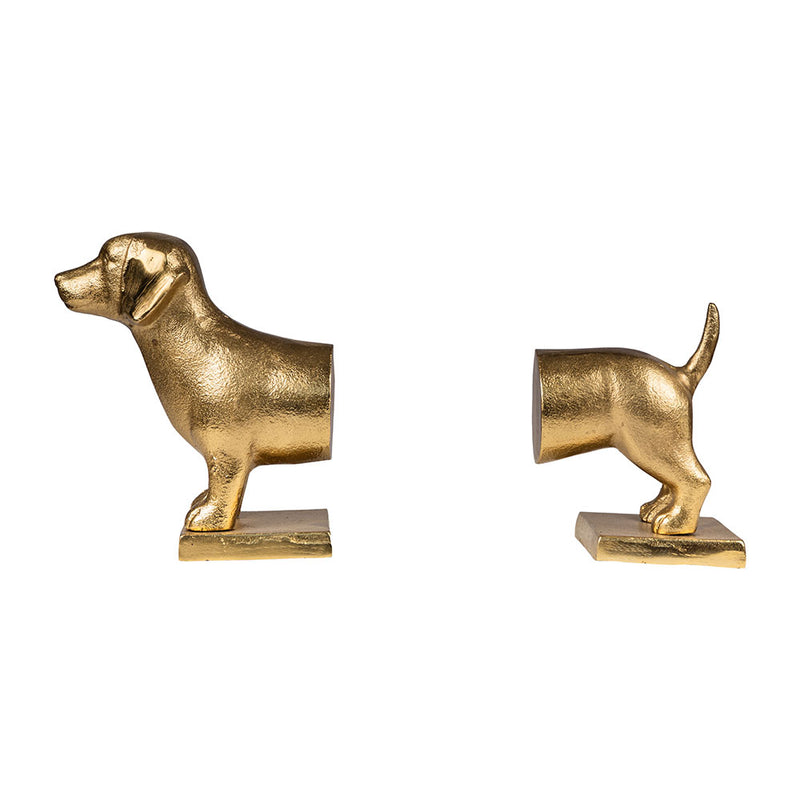 Bookend in design of a dog split in two parts in a plain white background.